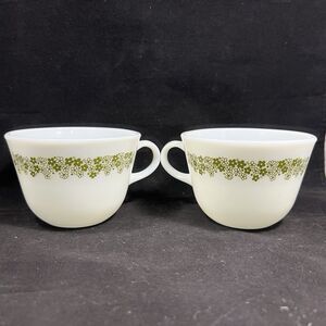 Vintage Pyrex Green Spring Blossom Milk Glass Coffee Tea Cup Set Of